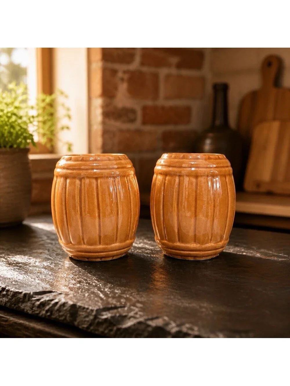 Vintage Orchids of Hawaii Brown Ceramic Rum Barrel Tiki Mugs Set of 2